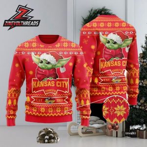 Kansas City Chiefs Cute Baby Yoda Grogu Ugly Christmas Sweater For Men And Women Christmas Holiday