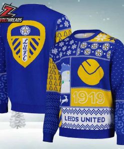 Leeds United Christmas Jumper Blue 1919 LUFC Holiday Ugly Sweater