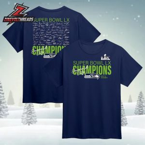 Seattle Seahawks Super Bowl LX Champions Autograph Signing Roster Two Sided Unisex T-Shirt