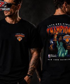 New York Knicks 2026 NBA Finals Champions Statue Of Liberty Trophy Foundation Two Sided Unisex T-Shirt
