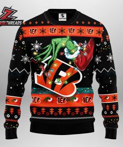 Cincinnati Bengals Upside Down Grinch Christmas Lights Black Orange Fan Ugly Sweater