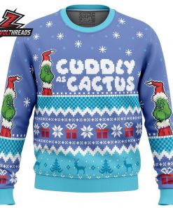 Cuddly As A Cactus Grinch Pixel Christmas Blue Teal Holiday Gift Ugly Sweater