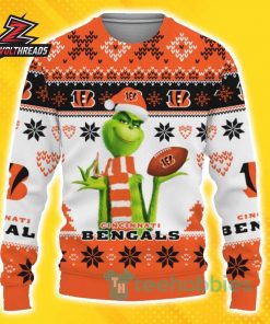 Cute Grinch Holding Cincinnati Bengals Football White Orange Christmas Fan Ugly Sweater