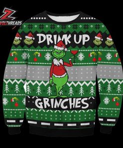 Drink Up Grinches Wine Glass Green Black Christmas Party Ugly Sweater