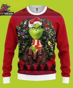 Grinch Santa Hat Christmas Wreath Red Plaid Bow Holiday Ugly Sweater