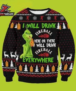 Grinch Fireball Whisky I Will Drink Here Or There Christmas Party Ugly Sweater