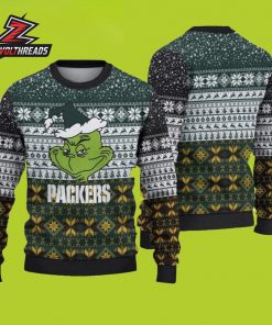 Green Bay Packers Grinch Face Snowflake Football Christmas Fan Ugly Sweater