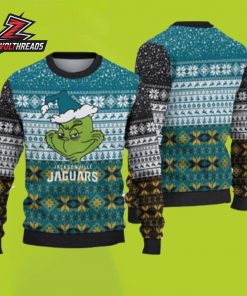 Jacksonville Jaguars Grinch Face Teal Black Football Christmas Ugly Sweater
