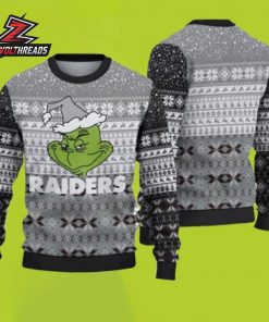 Las Vegas Raiders Grinch Face Silver Black Football Christmas Ugly Sweater