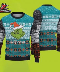 Miami Dolphins Grinch Santa Hat Aqua Orange NFL Ugly Christmas Sweater