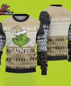 New Orleans Saints Grinch Santa Hat Black Gold NFL Football Christmas Fan Gift Ugly Sweater